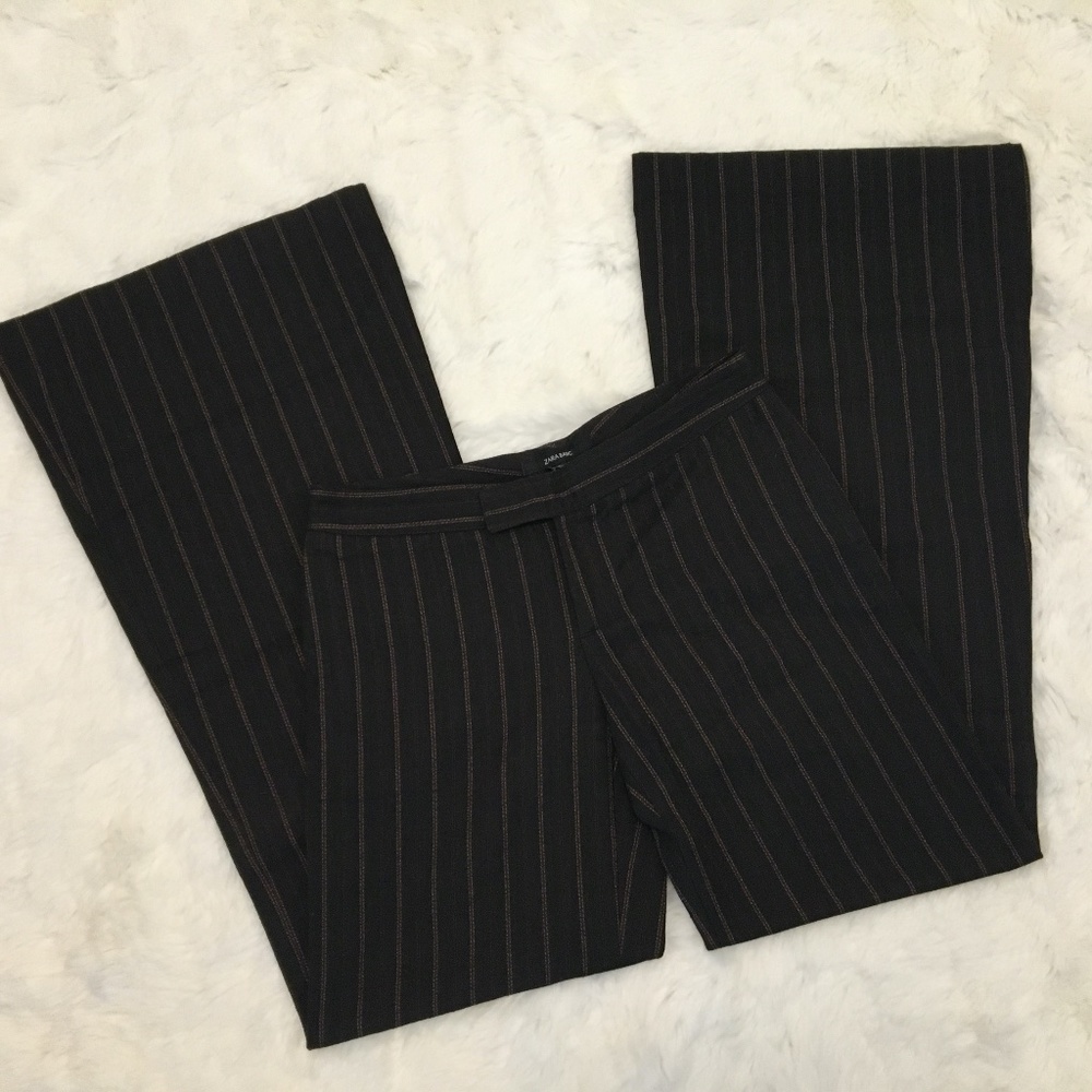 Zara Black Brown Striped Pants Wide Leg US 6 Tall